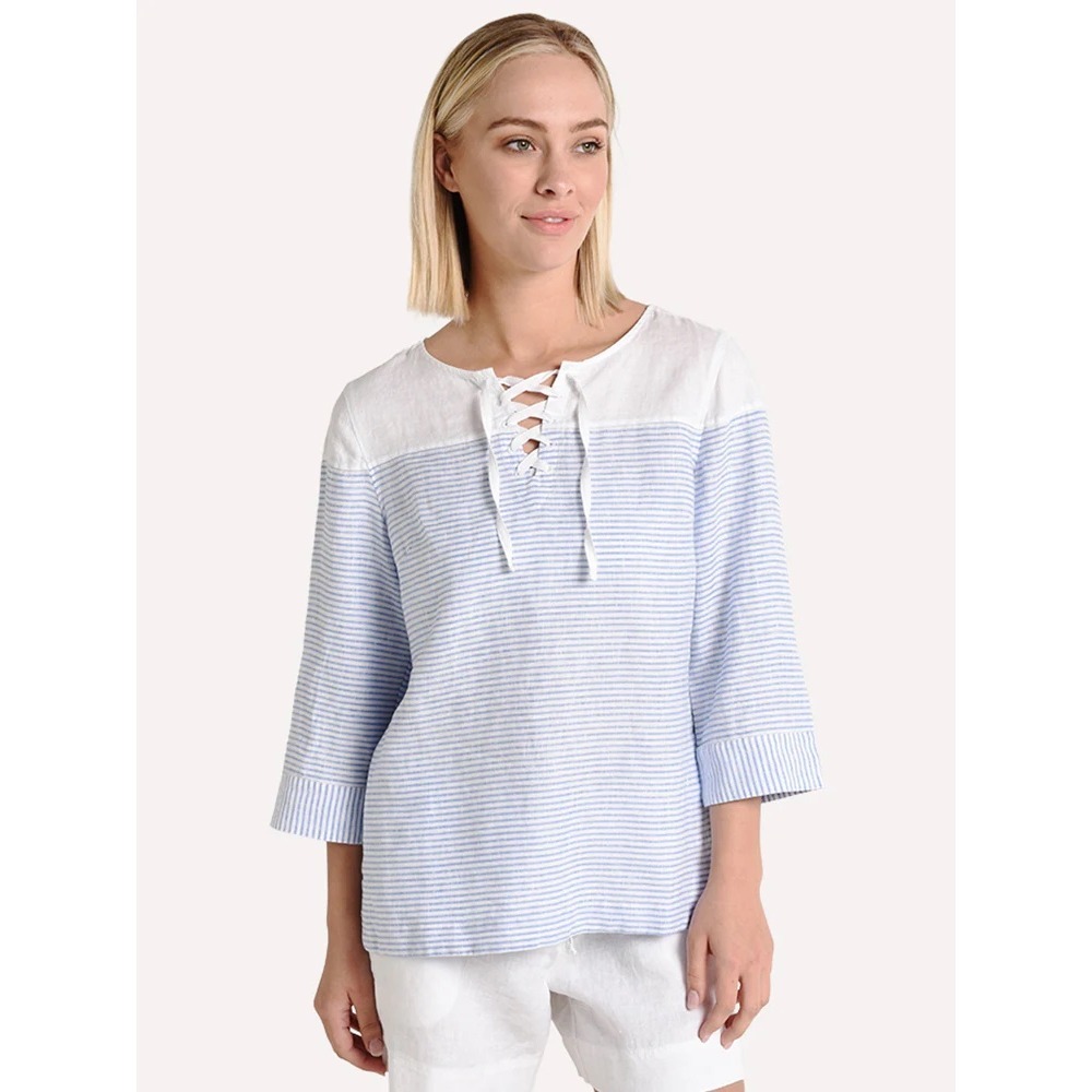 Tommy Bahama Womens Large Blue White Striped 100% Linen Lace‎ Up Crystaline Top